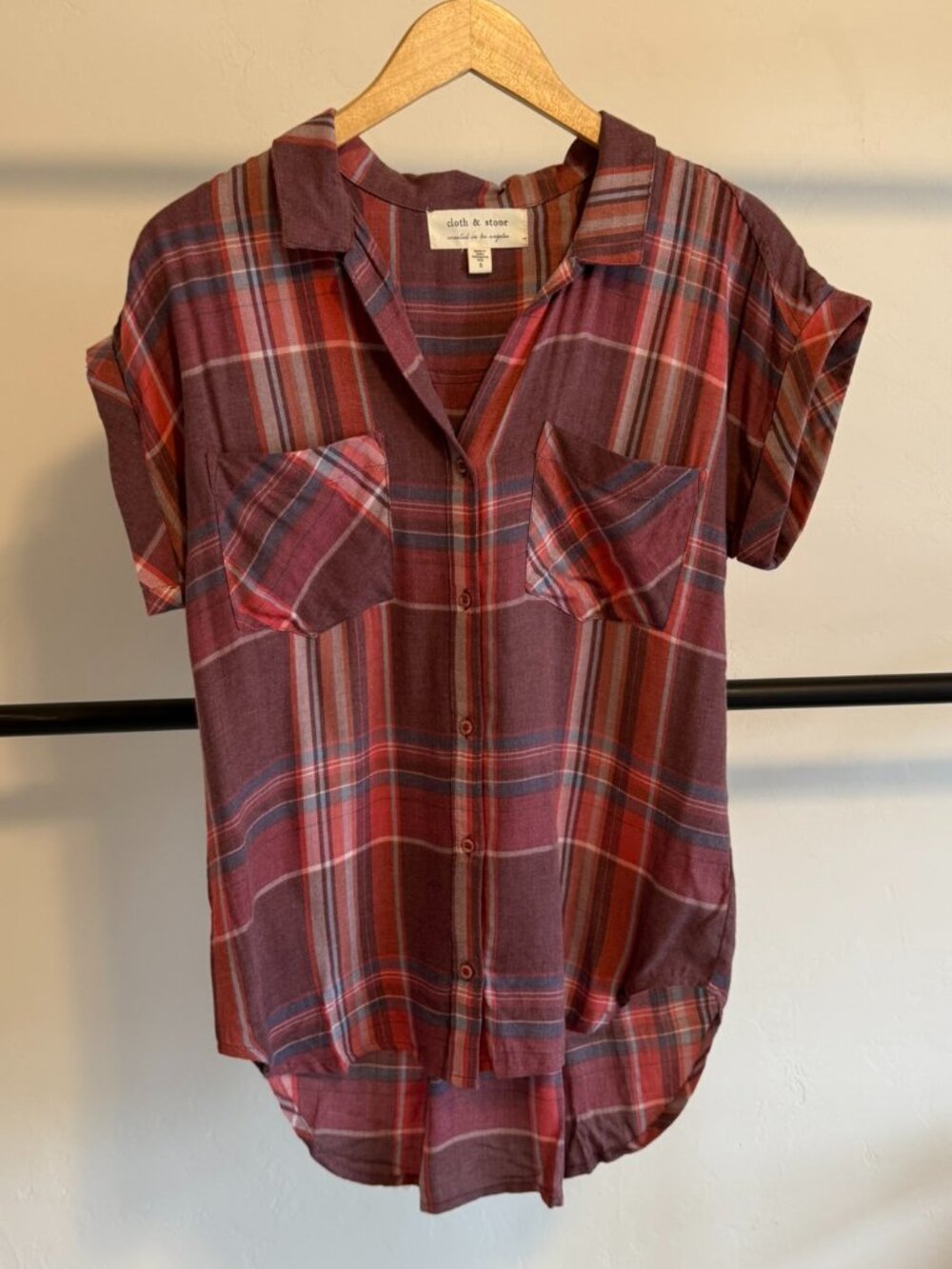 Anthropologie Cloth & Stone Eleanor Red Plaid Short Sleeve Buttondown Shirt S